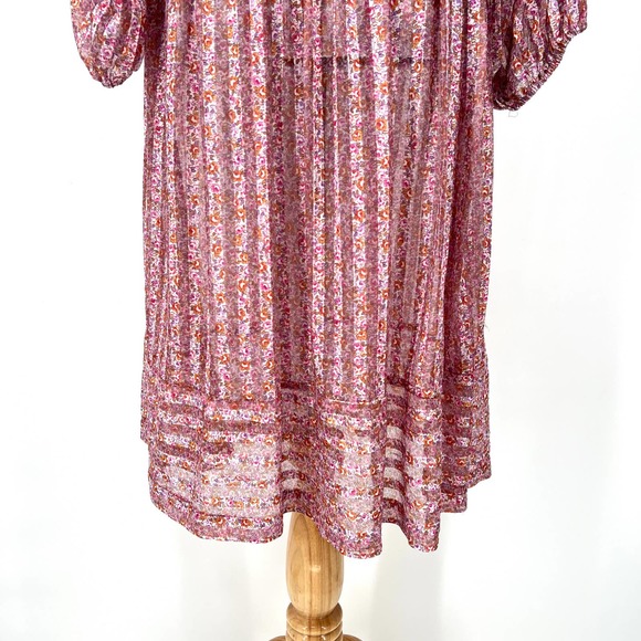 Vintage 80s Dress Womens Small Pink Sheer Striped 3/4 Sleeve Midi Tiny Floral - Picture 6 of 16